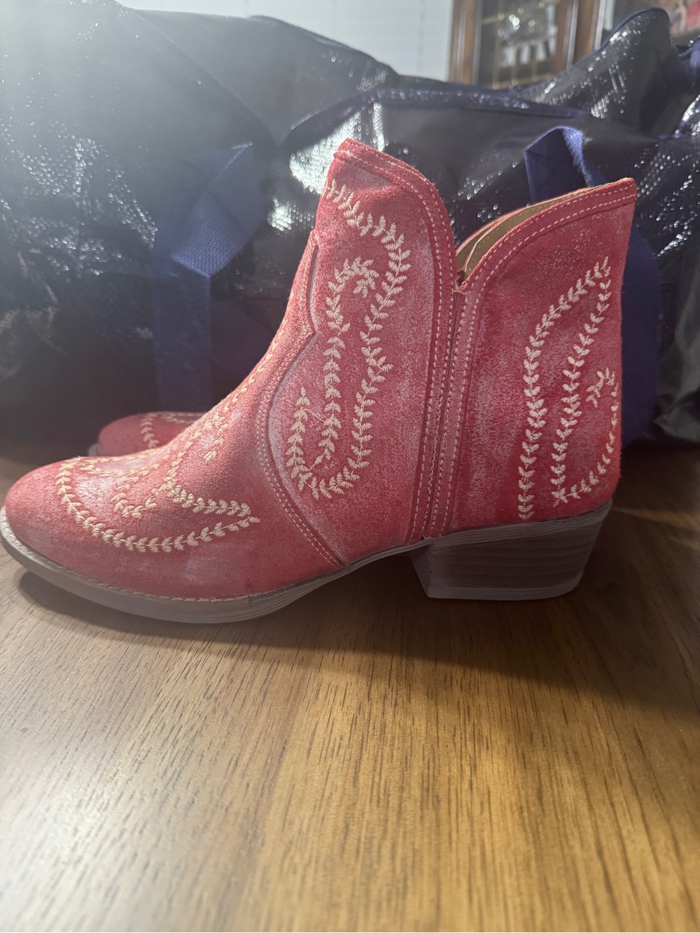 Women's Suede leather Western Ankle Boots - Embroidered Detail